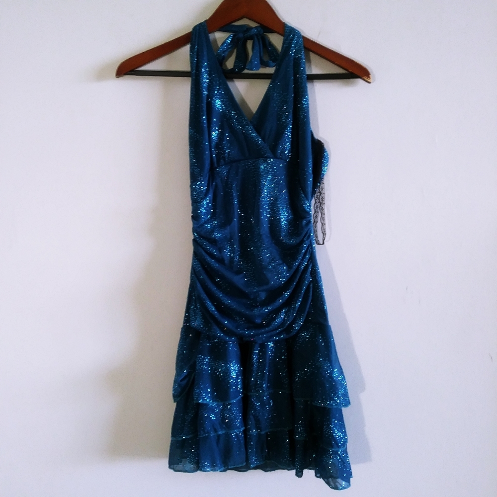 Mariposa Woman Teal Blue Mini Halter Dress Small